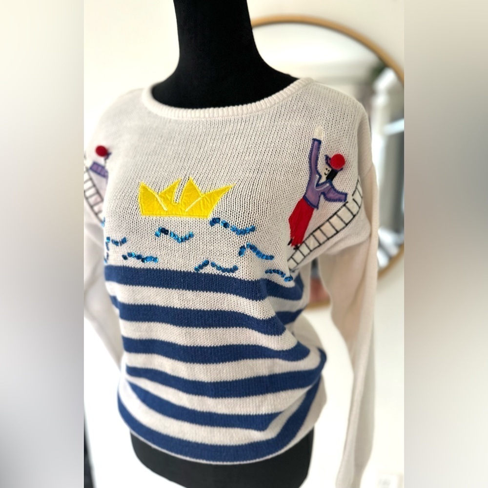 Vintage 80s 90’s Nautical Novelty made in Hong Kong sweater Blue White Stripe Sm
